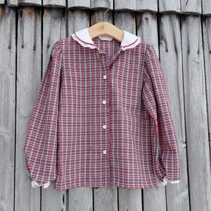 Vintage 70s Health Tex 6x Peter Pan bib collar plaid button girls shirt USA made